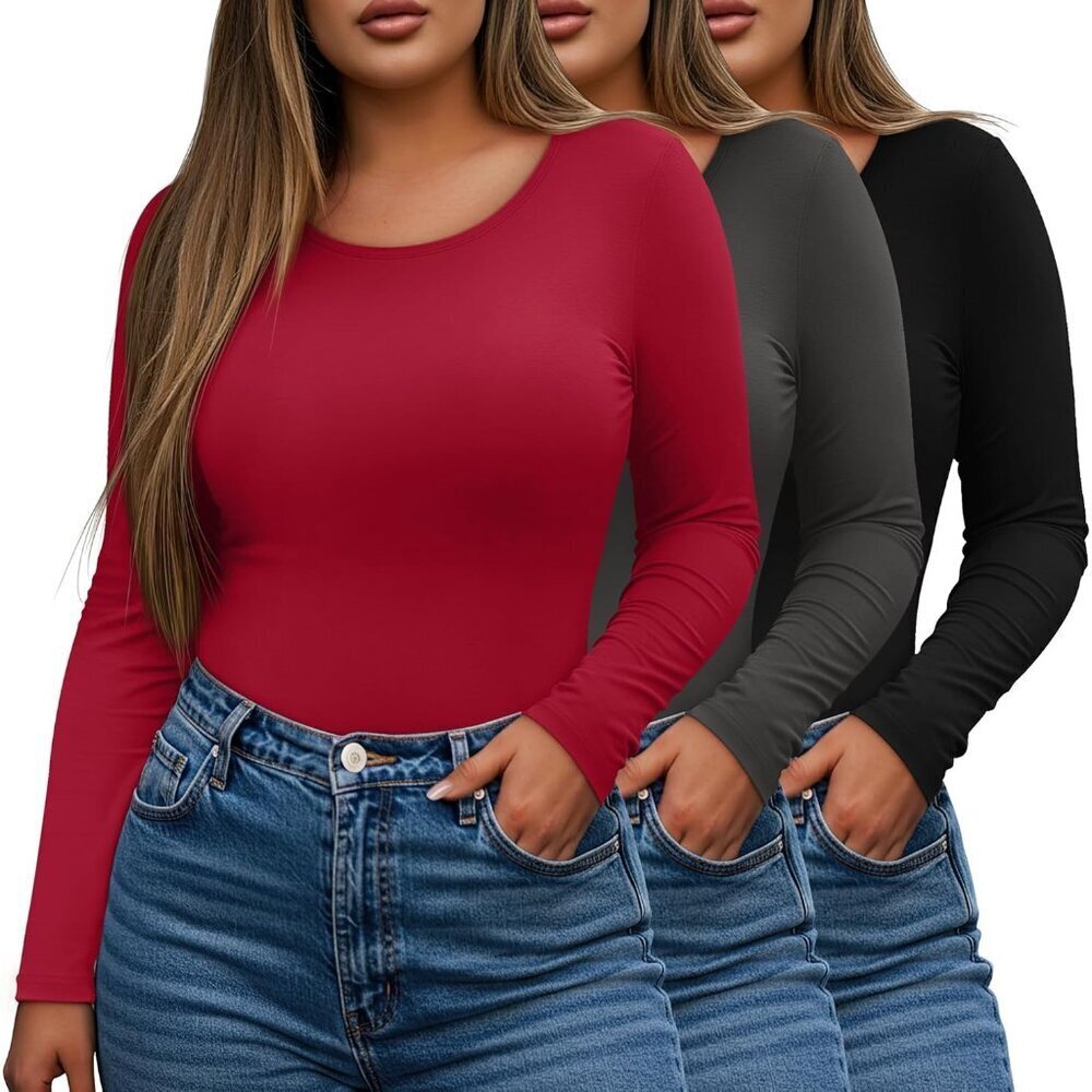 Women's Plus Size Long Sleeve Shirts Pack Casual Fitted Neutral Colors